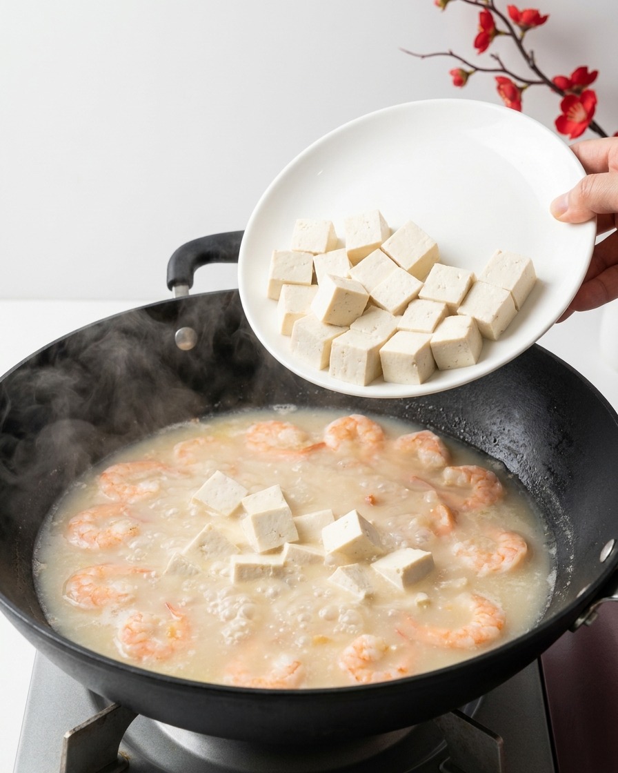 沸騰したスープに、白い皿からさいの目に切った豆腐を静かに入れている様子。