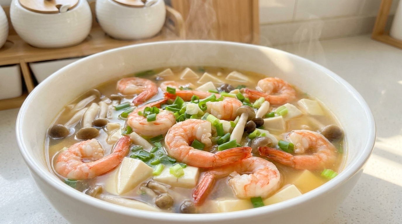 海鮮豆腐スープ：エビとしめじの旨味たっぷりレシピ