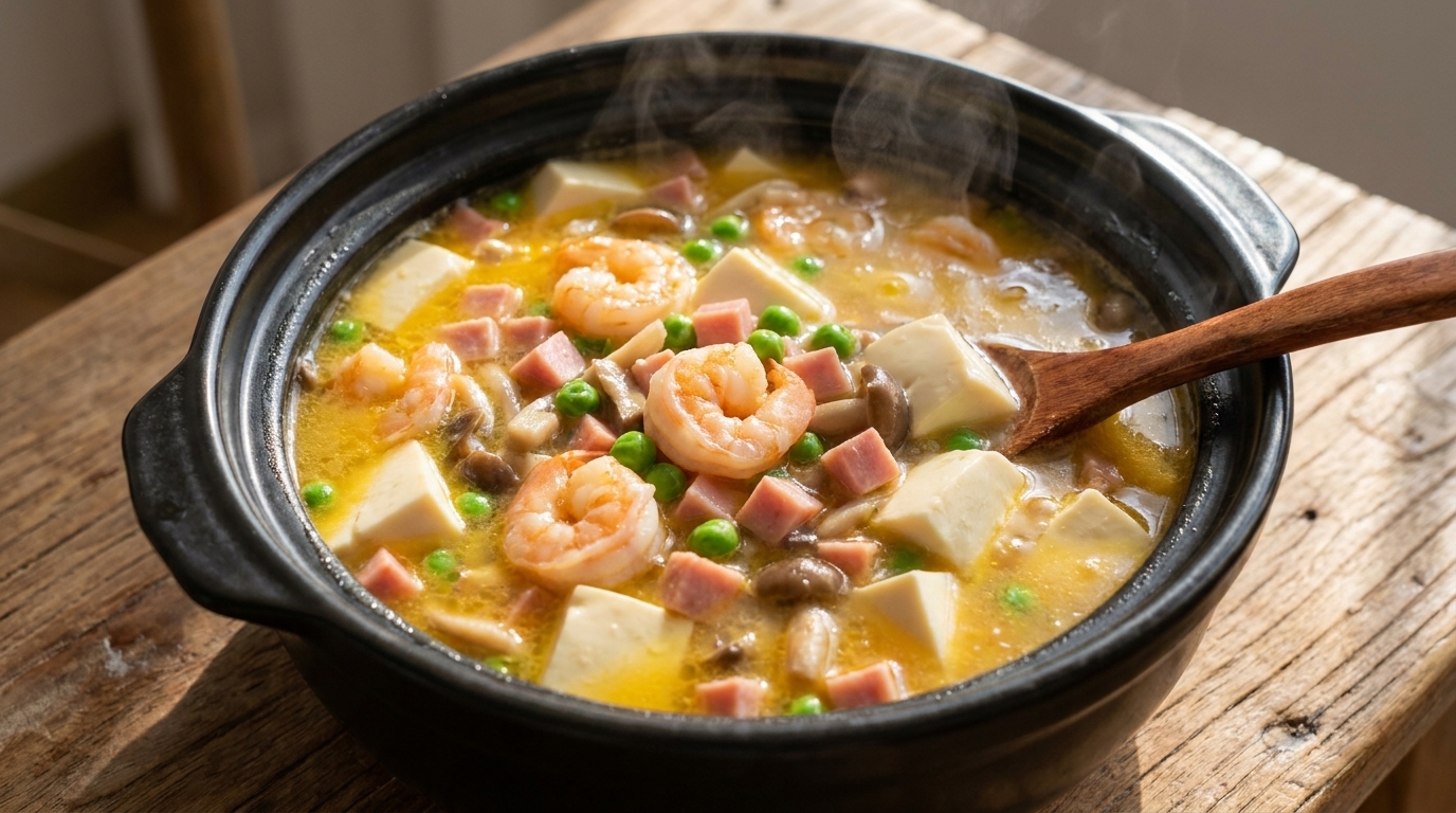 旨味溢れる三鮮豆腐湯（海老と塩蔵卵の黄金スープ）