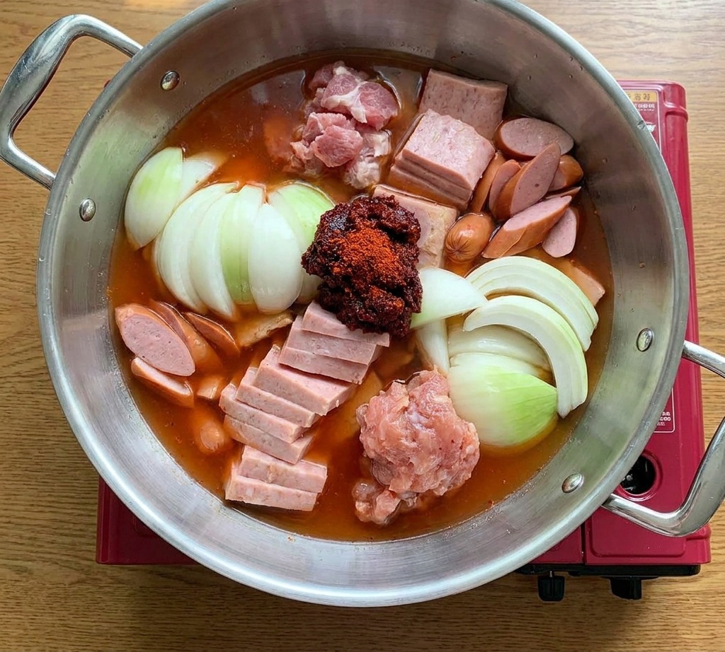 具材と出汁が入った鍋の中央に、真っ赤な特製ヤンニョムをのせている様子。