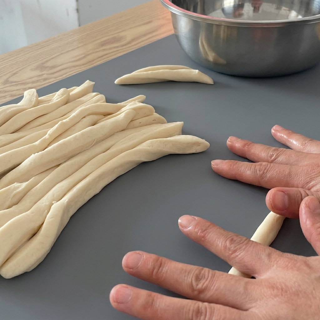 生地の帯を両手で転がして細長い麺にする様子。