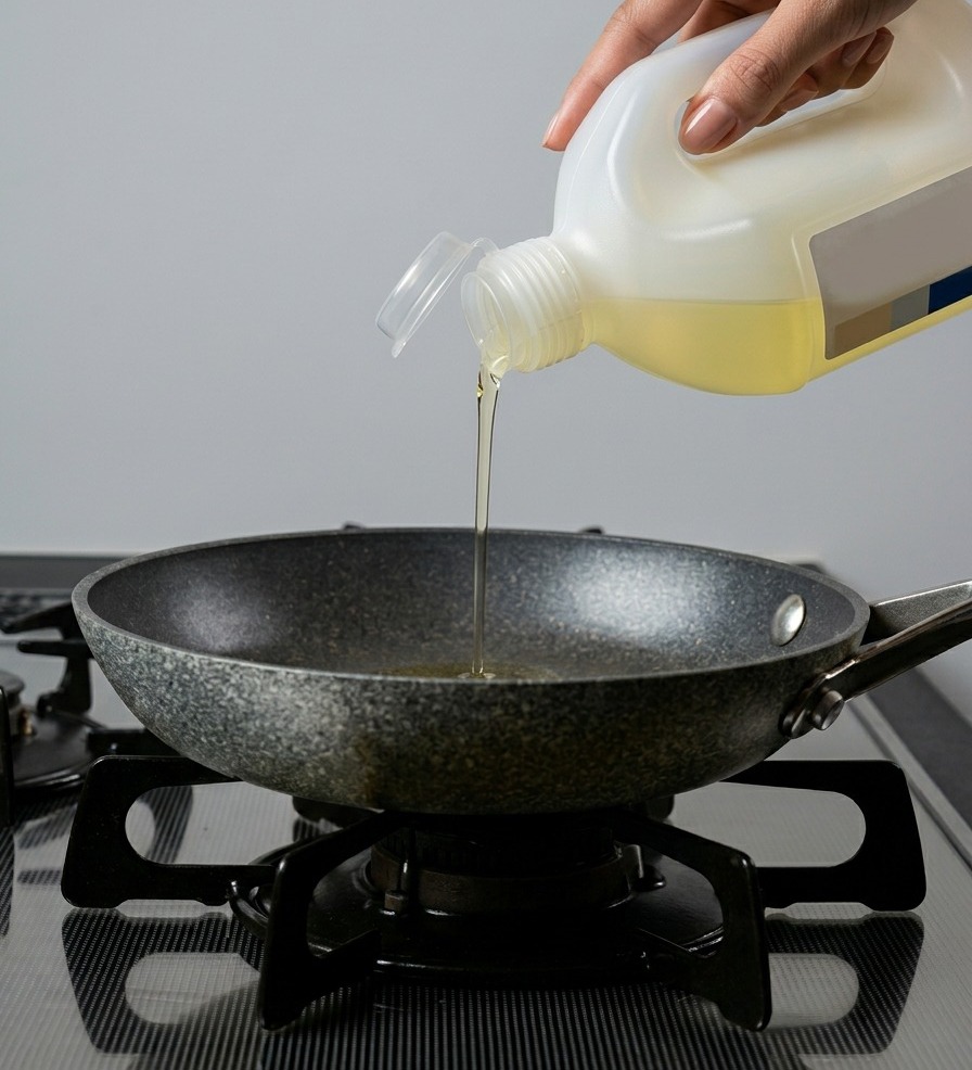 フライパンにサラダ油を注ぎ入れる様子。