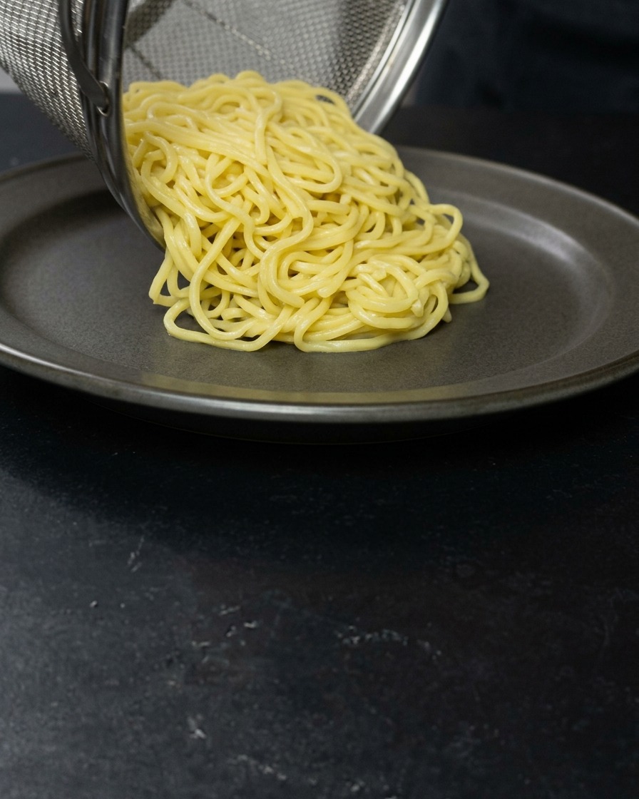 ザルから茹で上がった麺を皿に盛り付ける様子。