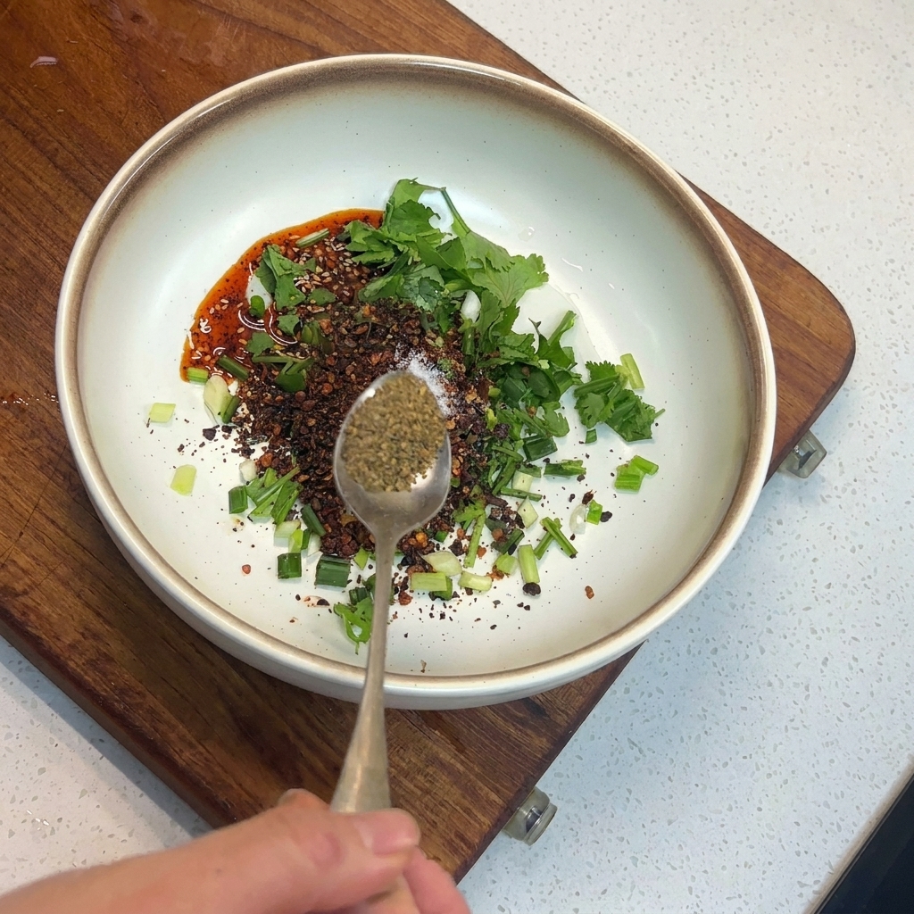 スパイスとハーブが入ったボウルの上で、シルバーの匙に入った緑褐色の花椒粉を手に持っている様子。