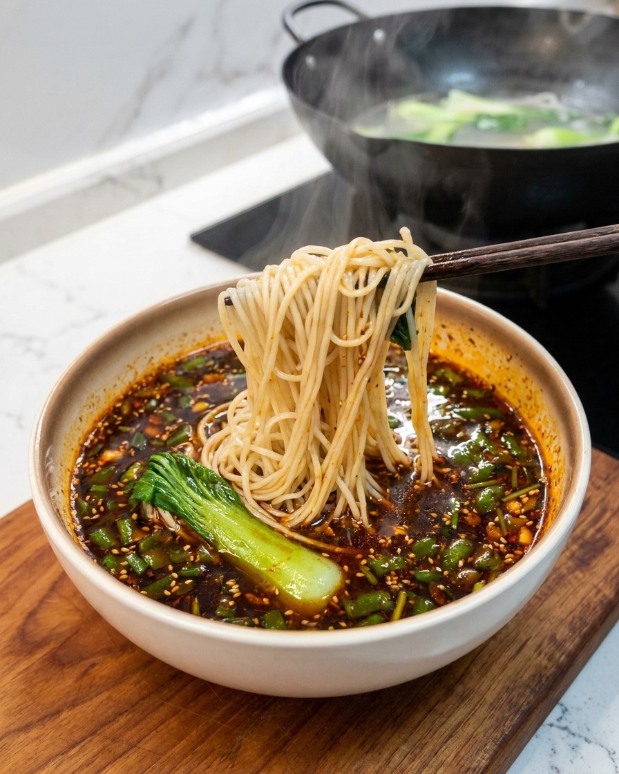 箸を使って、鍋から麺と青梗菜を真っ赤なスープと胡麻が入ったボウルへ移している様子。