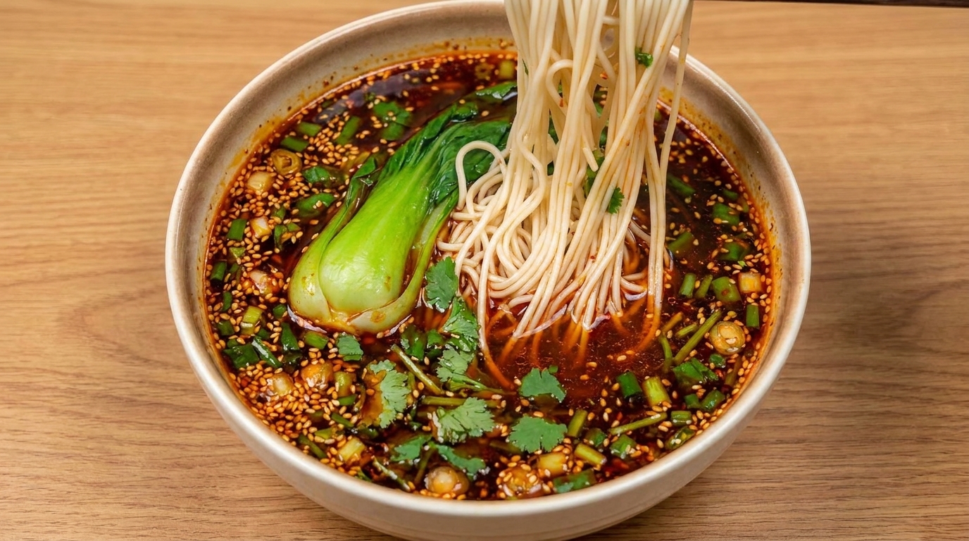鮮やかな真っ赤な貴州風スープに、茹でたての麺と青梗菜を浸していただく様子。