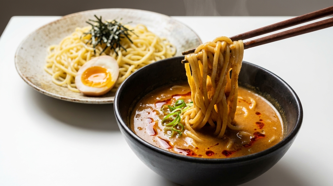 艶やかな中華麺に刻み海苔と温泉卵を添え、濃厚なカリースープでいただく贅沢なつけ麺。