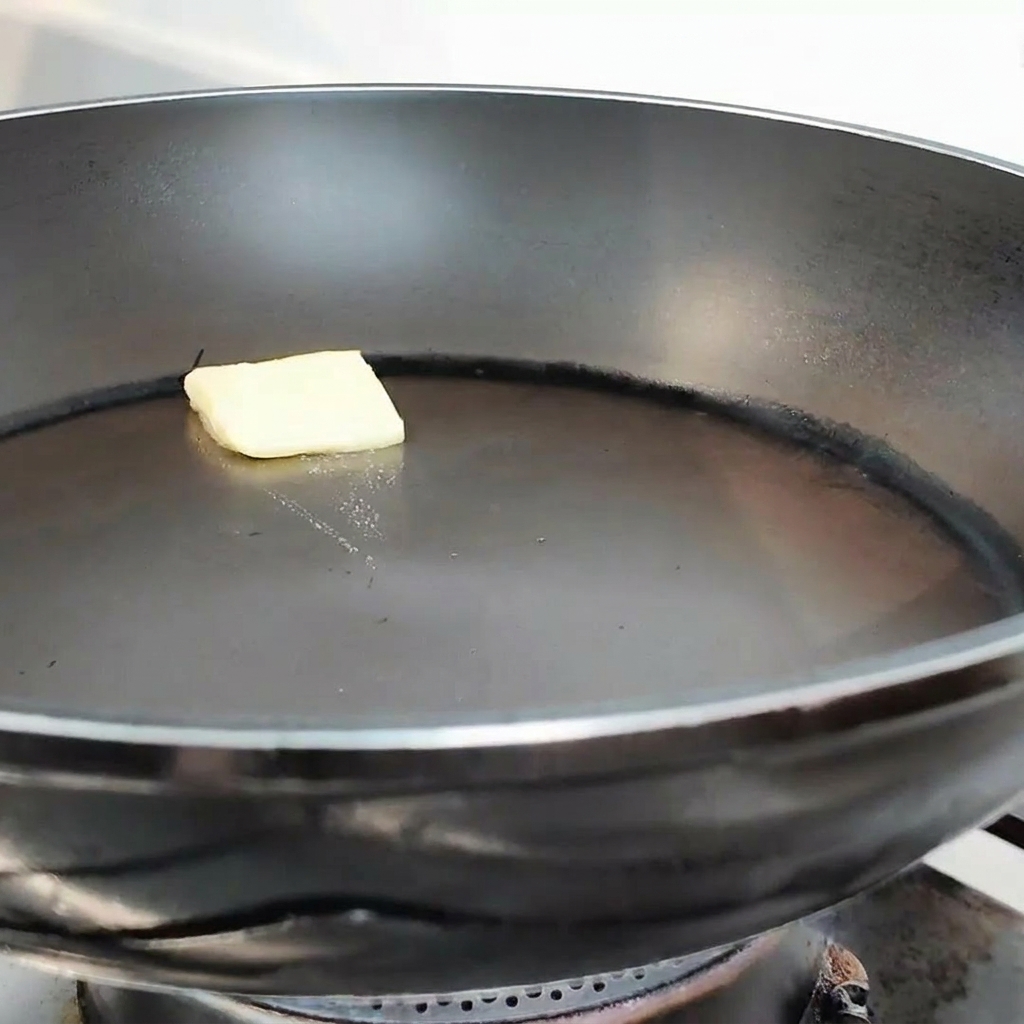 黒いフライパンの中央で、少量のバターが溶けている様子