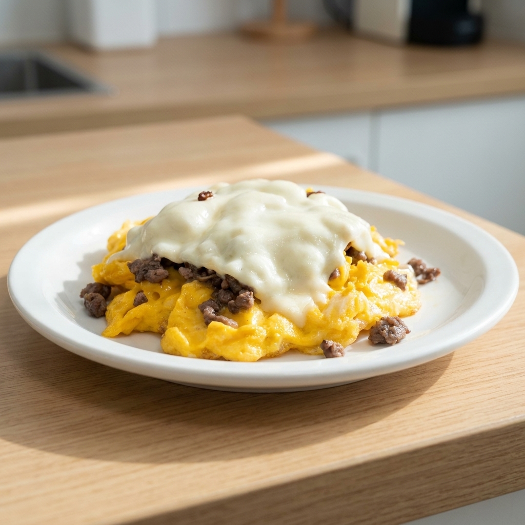 とろけたチーズに覆われた卵と牛肉のスタックが完成した様子
