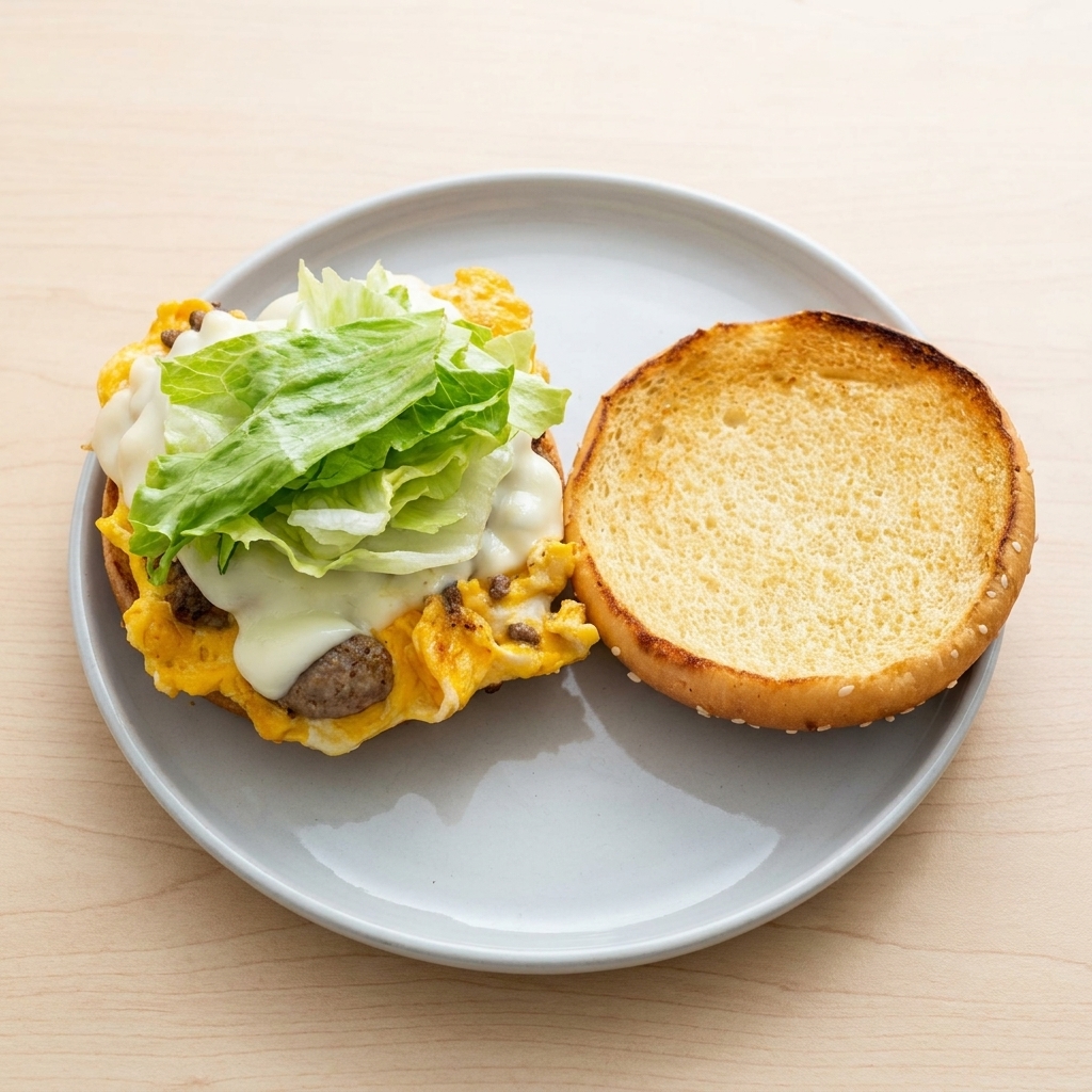 チーズたっぷりのバーガーの上に、新鮮なレタスの葉を乗せている様子