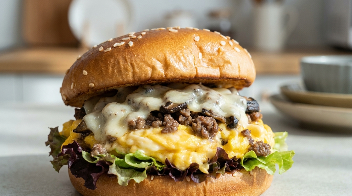 ジューシーなマッシュルームと牛ひき肉のチーズ朝食バーガー
