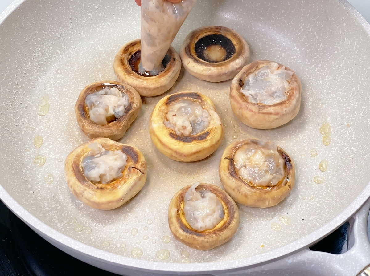 絞り袋を使って、焼き色のついたマッシュルームのくぼみに透明感のあるエビのすり身を詰めている様子。
