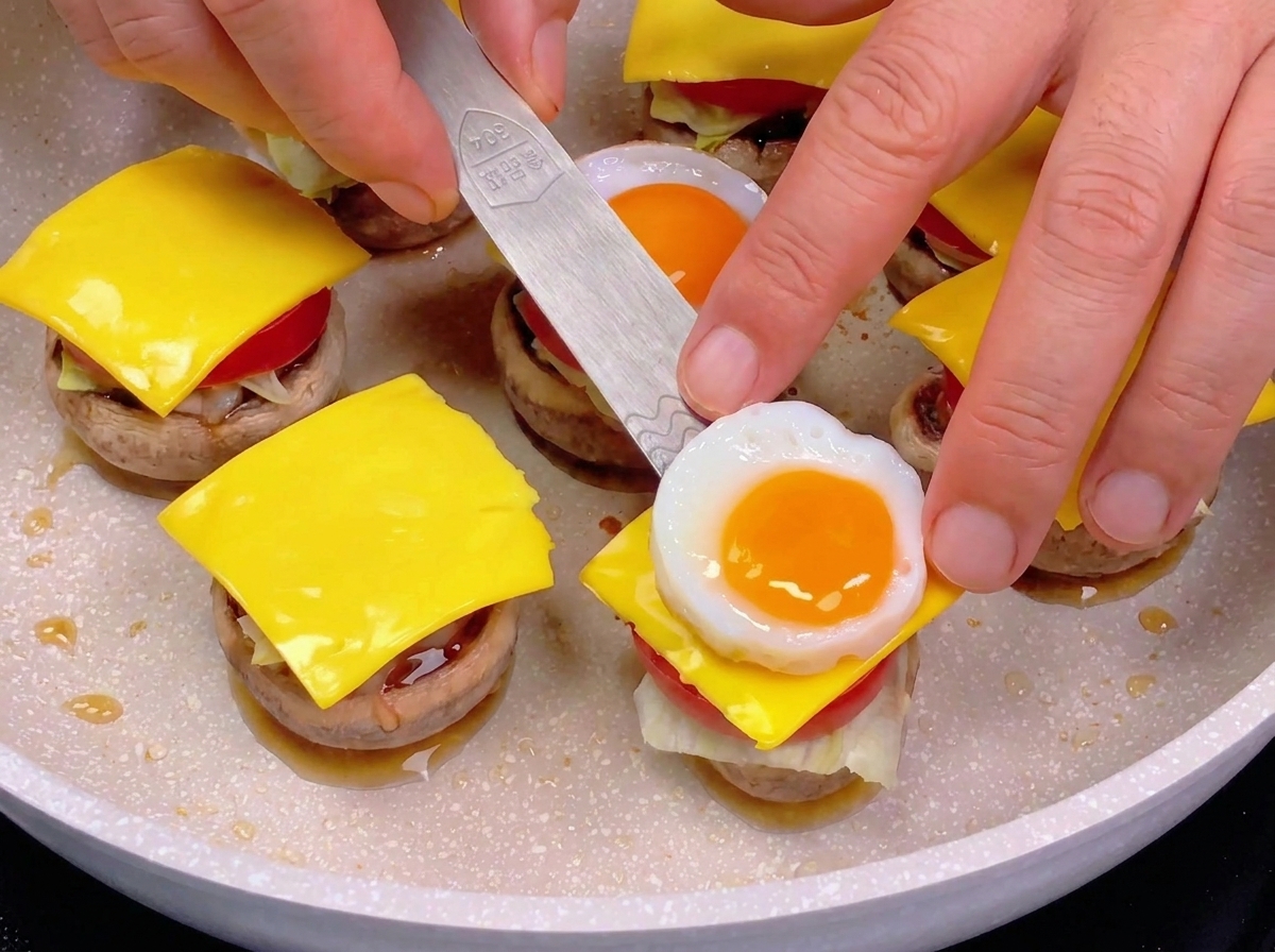 フライ返しを使って、チーズの上に丸いうずらの目玉焼きをそっとのせている様子。