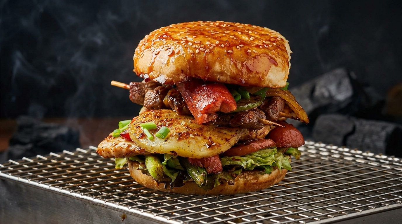究極のBBQタワーバーガー：肉串を贅沢に重ねた豪快レシピ