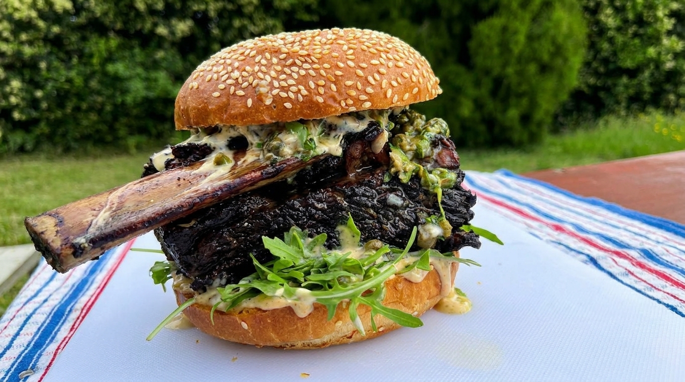 赤ワインで煮込んだ牛ショートリブのバーガー 〜ケッパーレリッシュ添え〜