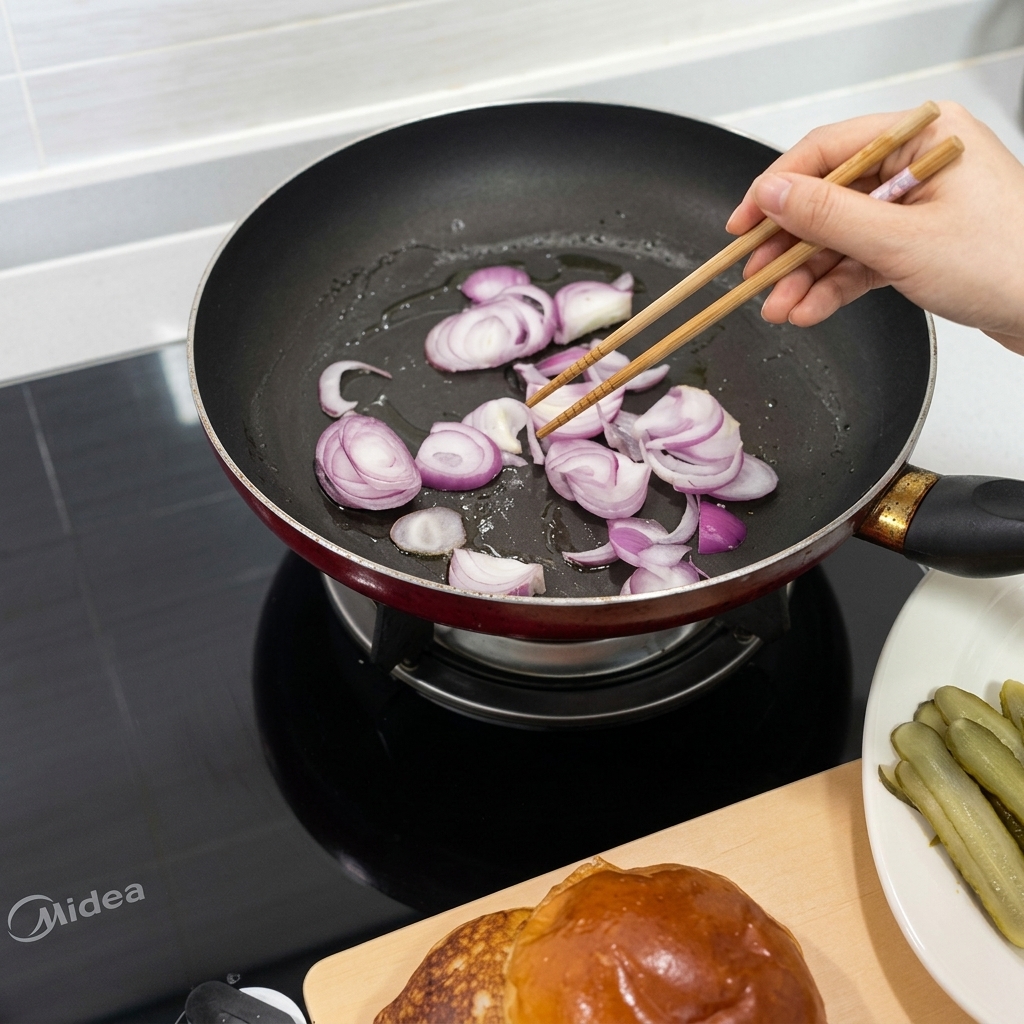 箸を使ってフライパンで赤玉ねぎを炒める様子