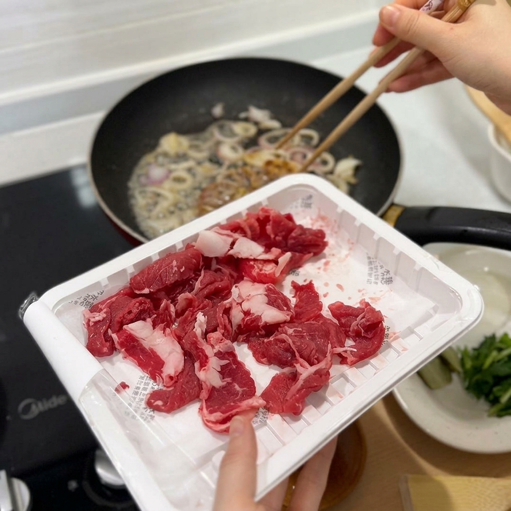 炒めた玉ねぎの上に牛薄切り肉を投入する様子