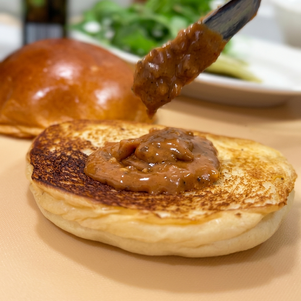焼いたバンズにピーナッツソースを広げる様子