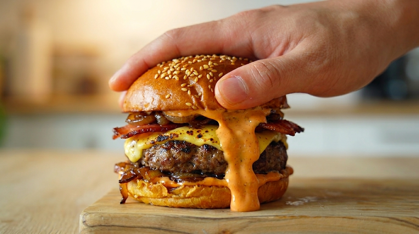 至福のグルメバーガー：ラム香るキャラメルオニオンと厚切りベーコンのビーフバーガー