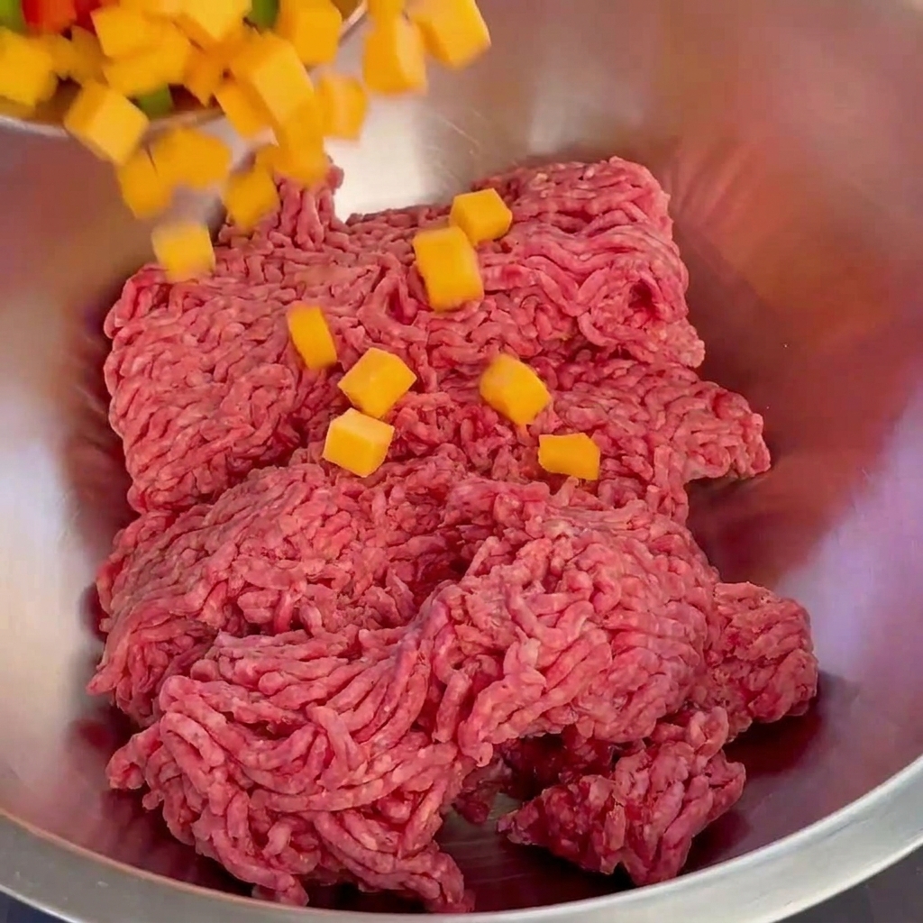 金属製のボウルの中で、牛ひき肉にみじん切りにしたピーマンと角切りのチェダーチーズを加えている様子。