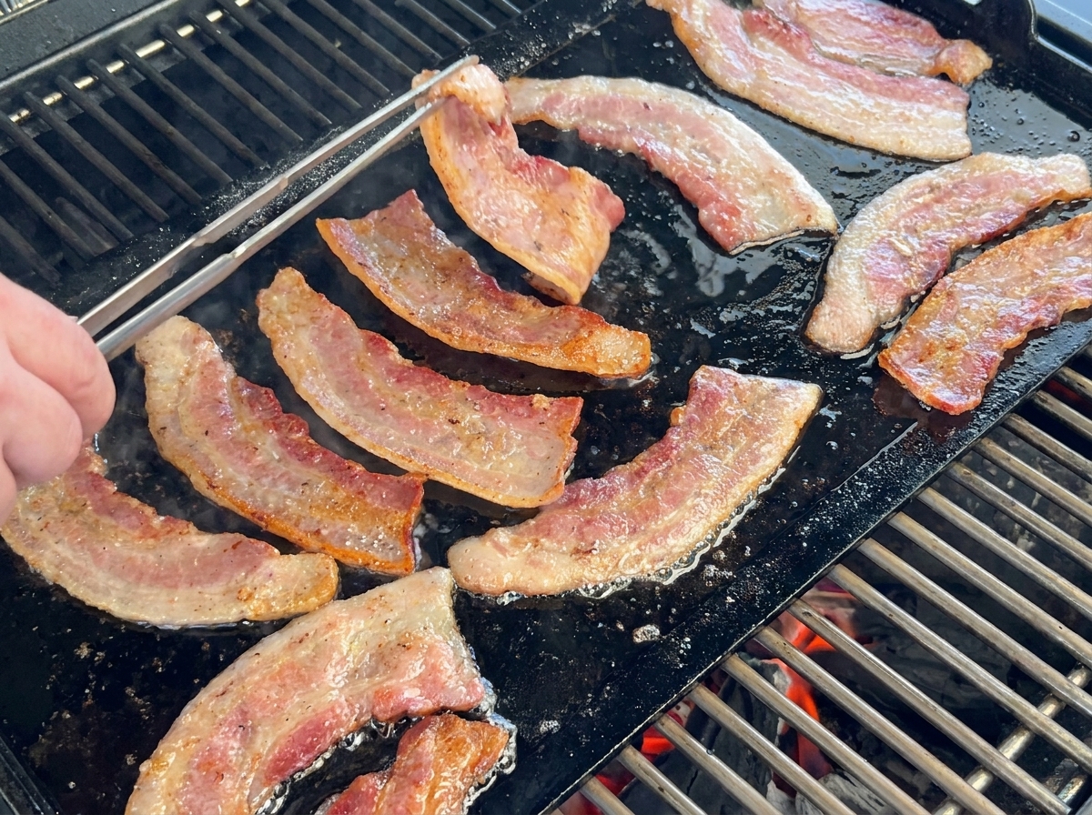 熱いグリルの上の鉄板でジュージューと焼かれている厚切りベーコン。トングで1枚を裏返している。