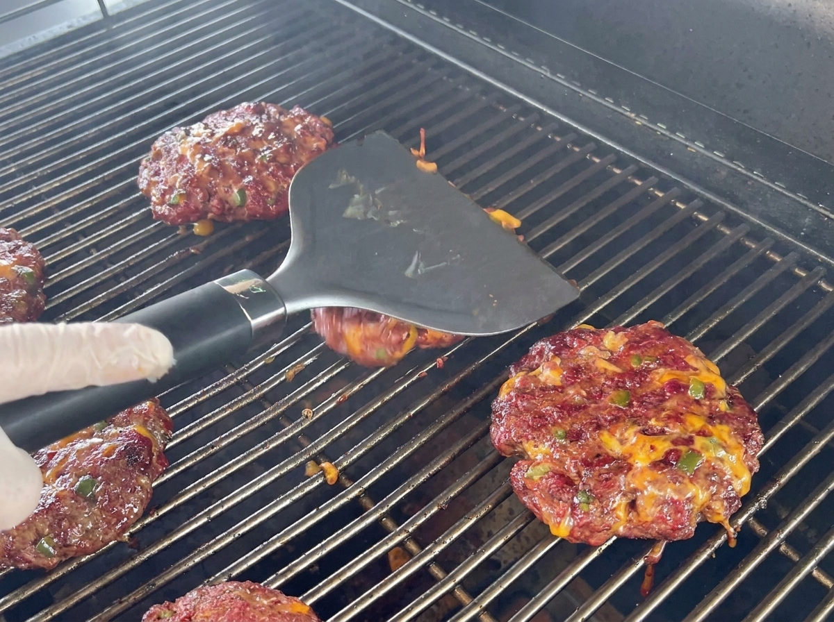 チーズとピーマンが混ざった分厚いビーフパティをグリルの網で焼いている様子。幅広の黒いフライ返しでパティの位置を調整している。