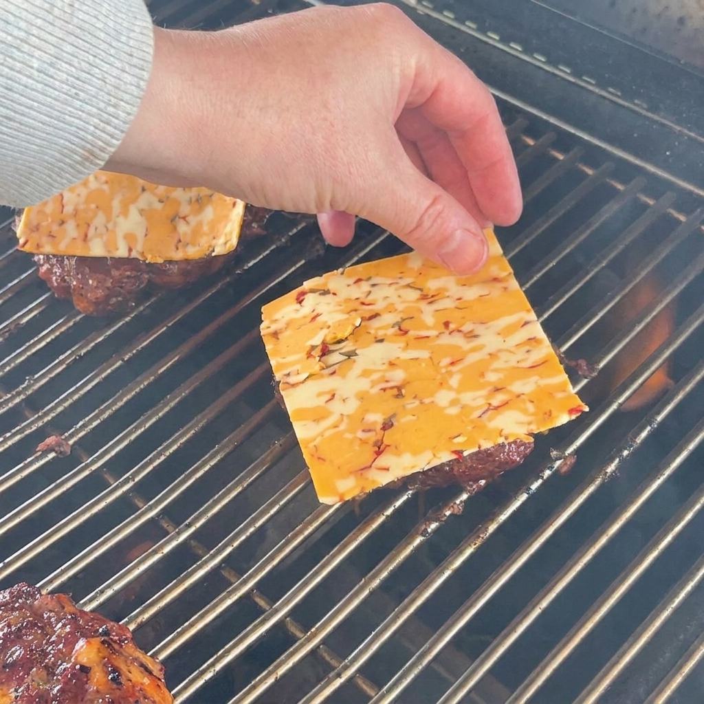 グリルの上で焼き色のついたビーフパティに、オレンジと黄色のマーブルチェダーチーズの薄切りを素手で慎重にのせている様子。
