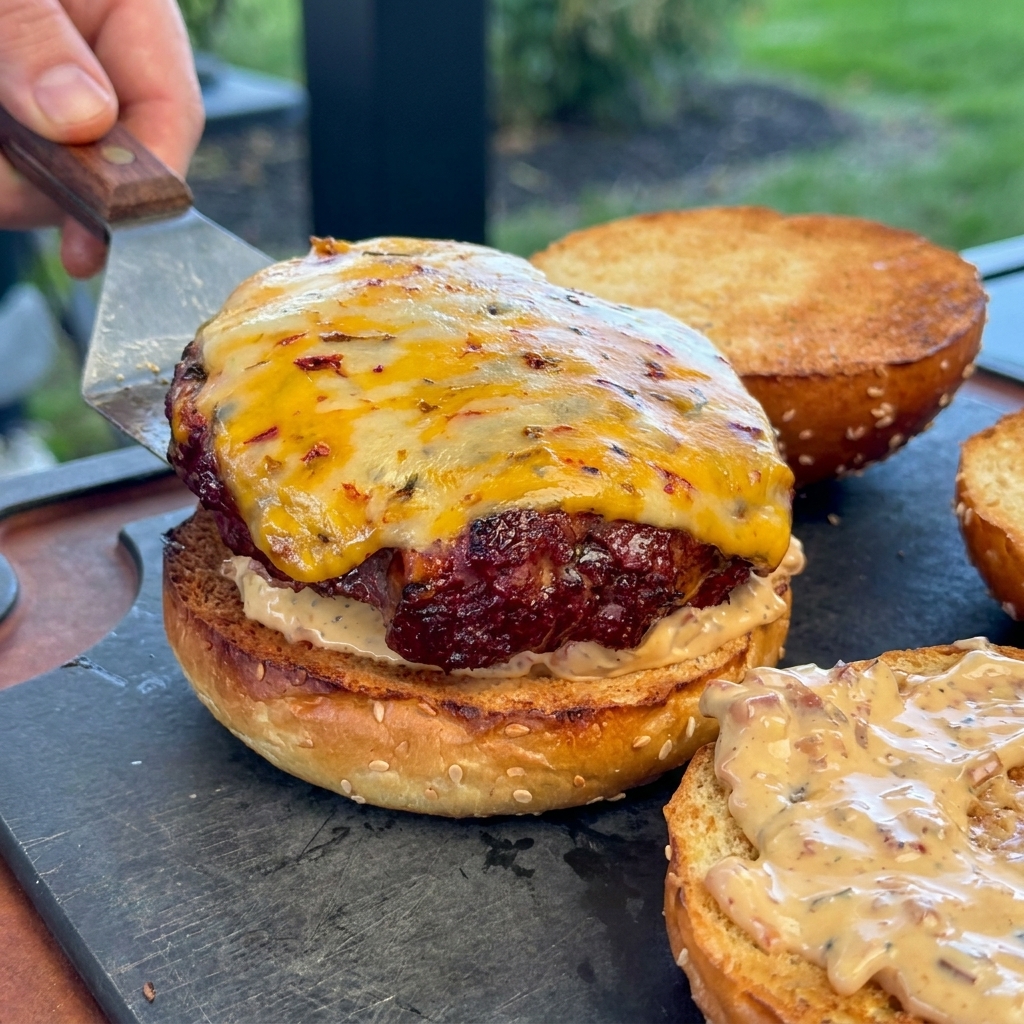 チーズがとろけた分厚いグリルビーフパティを、クリーミーなソースを塗ったトーストしたごま付きバンズの上に金属製のフライ返しでのせている様子。