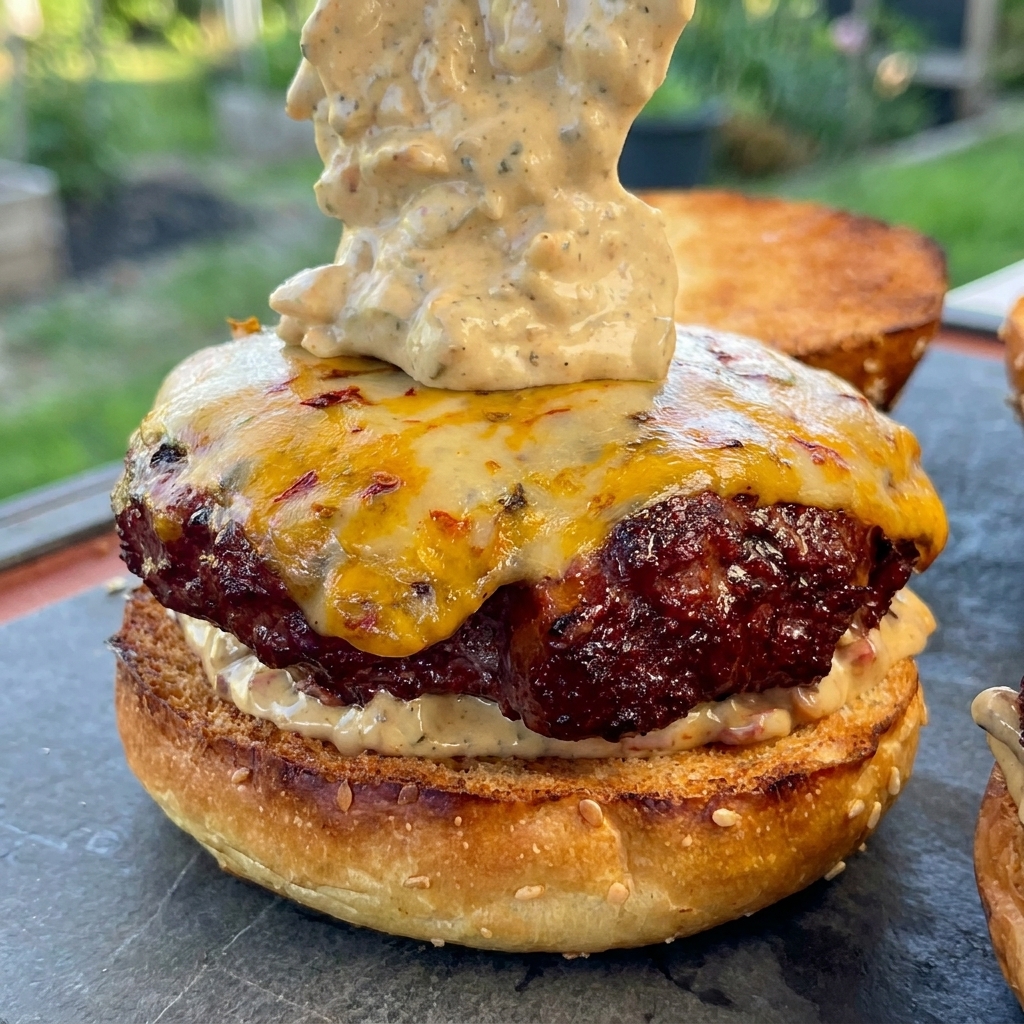 トーストしたバンズにのせた、チーズが溶けたスモークバーガーパティの上に、とろみのあるクリーミーなベーコンソースを大きめのスプーンでたっぷりと追加している様子。