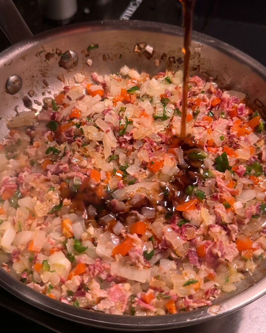 炒めたベーコンや野菜が入ったステンレスのフライパンに、メープルシロップを回し入れる様子。