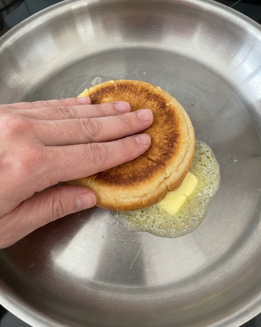 弱火で溶かしてシュワシュワと泡立つバターの中に、半分に切ったバーガーバンズの断面を押し当てて焼く手元。