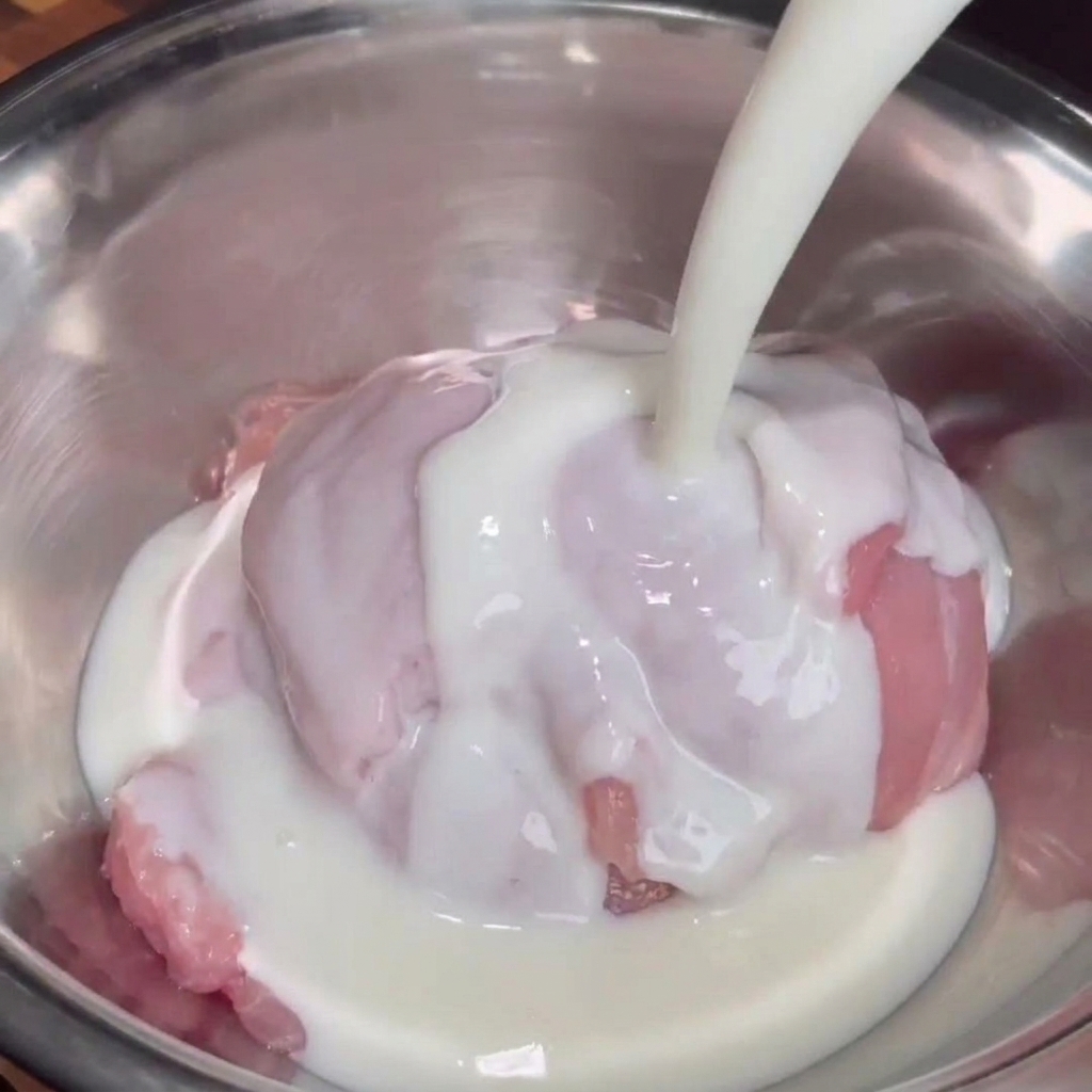 ボウルに入った鶏肉にボトルからバターミルクをたっぷり注いでいる様子。