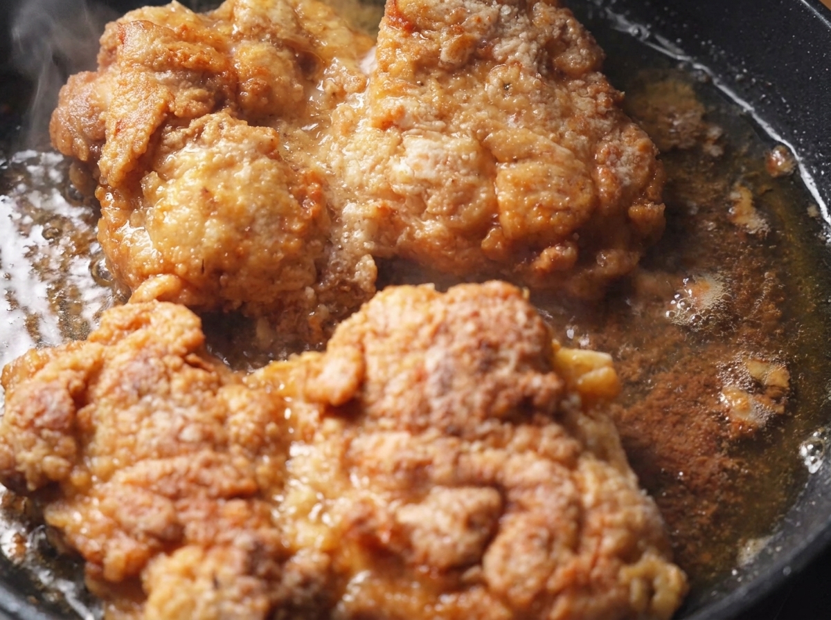 フライパンの中でチチパチと音を立てる油に浸かりながら、きつね色でカリカリに焼き上がっていく鶏もも肉。