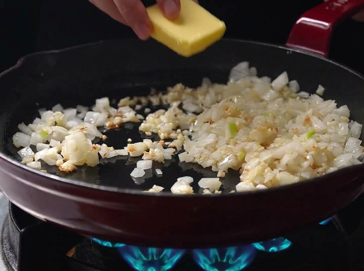 青いガス火の上で、炒めた玉ねぎとにんにくが入ったフライパンに、四角い黄色いバターを一切れ手で入れている様子。