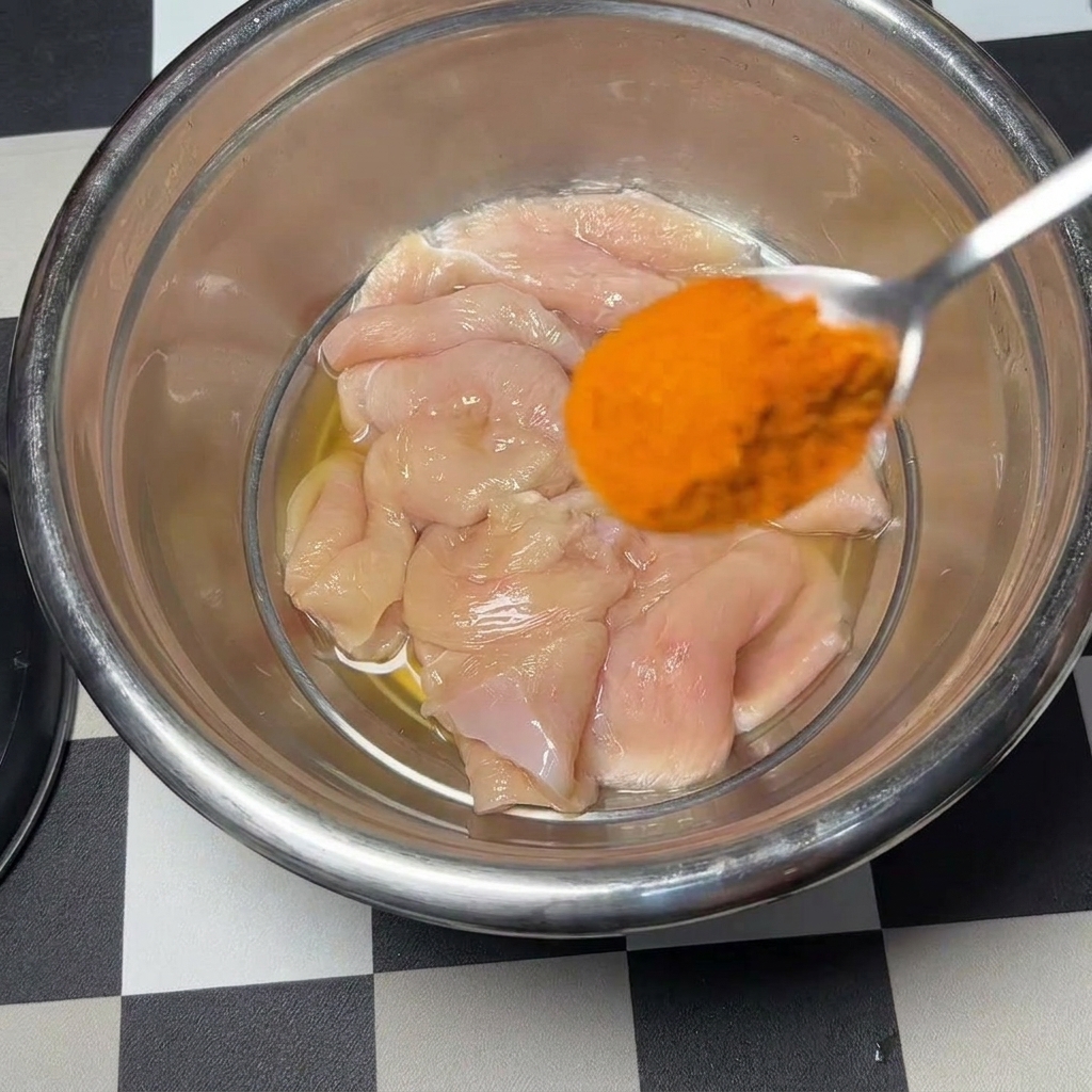 卵1個と液体調味料でマリネされた生のチキンカツが入ったステンレスボウルに、金属製のスプーンで鮮やかなオレンジ色のシーズニングパウダーを振りかけている様子。