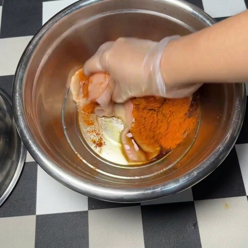 透明なビニール手袋をはめた手が、ステンレスボウルの中で生のチキンカツをよく揉み込み、鮮やかなオレンジ赤色のスパイスパウダーのマリネ液を均一に絡めている様子。