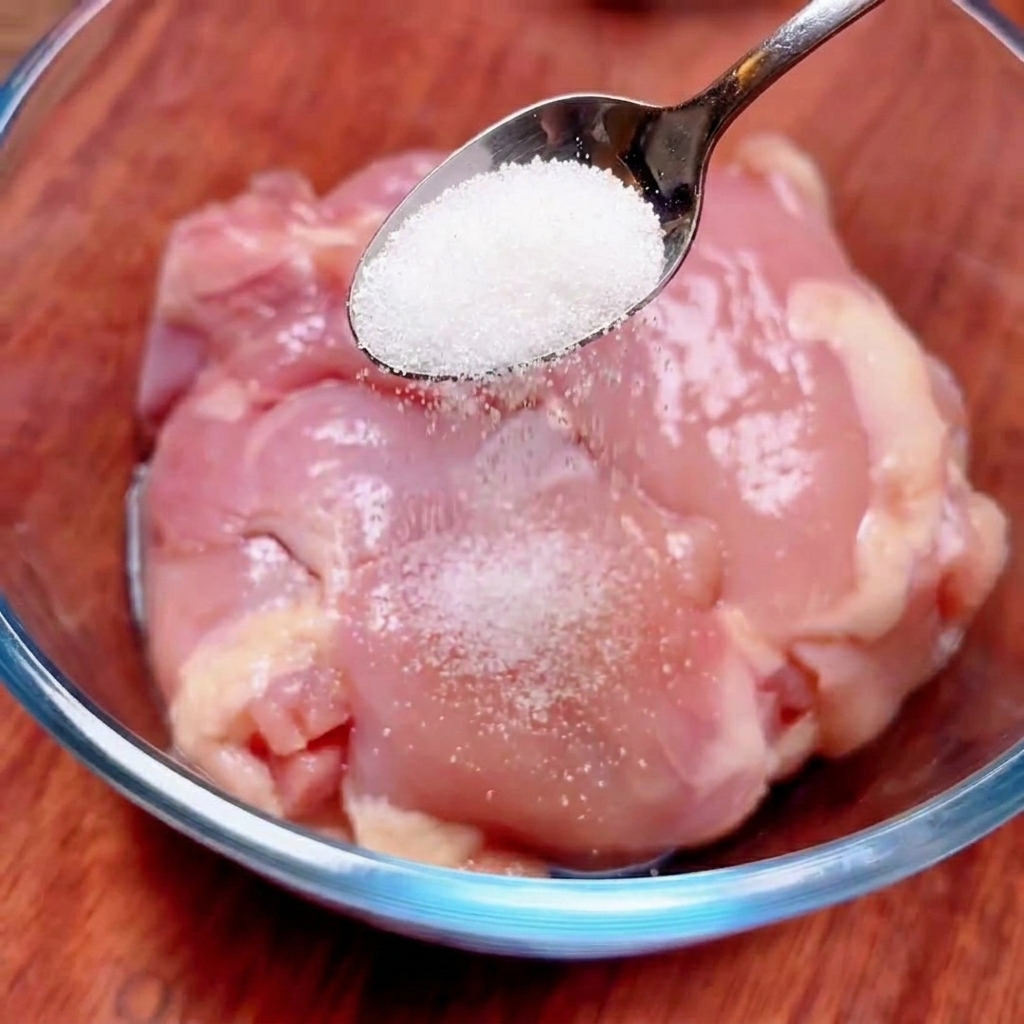 透明なガラスのボウルに入った生の鶏もも肉に、金属製のスプーンで細かい白塩を振りかけている様子。