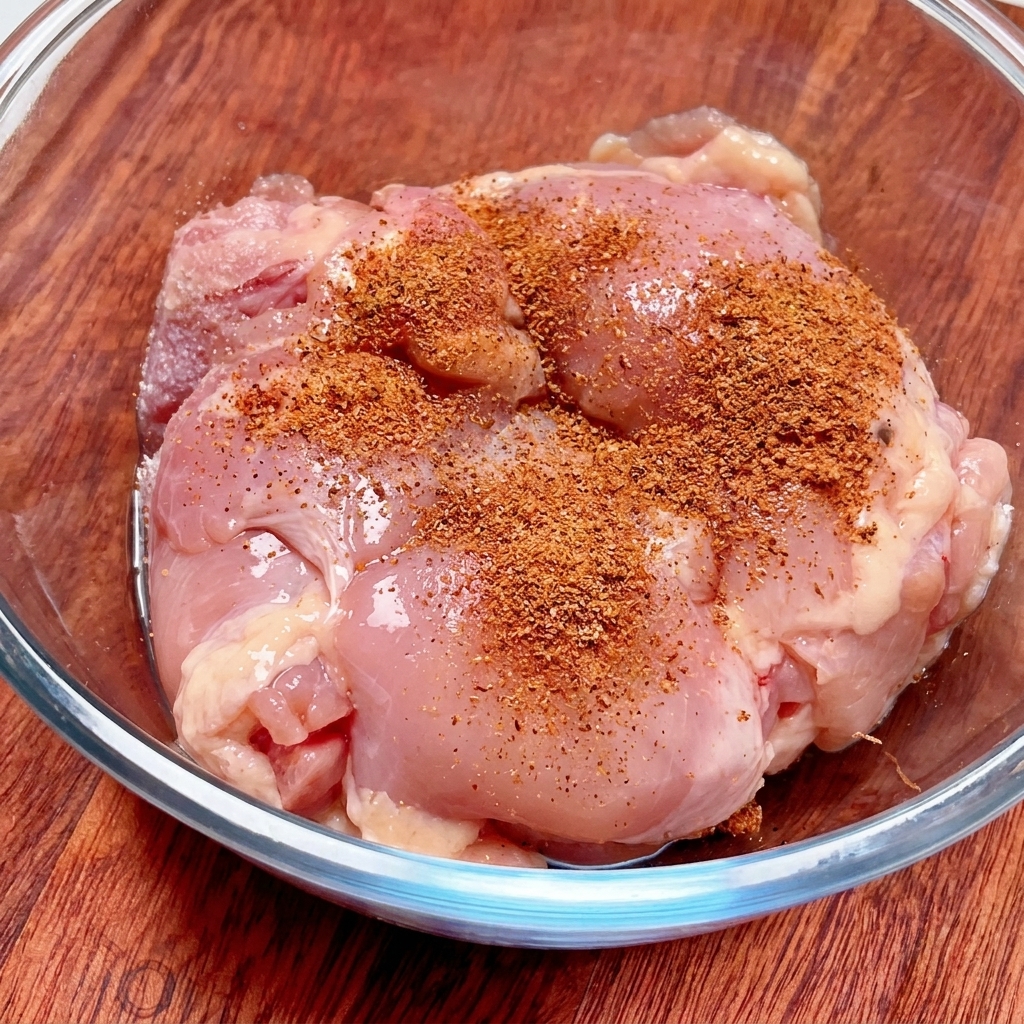 ガラスボウルの中の生の鶏もも肉に、赤茶色のケイジャンスパイスパウダーがたっぷりと振りかけられている様子。