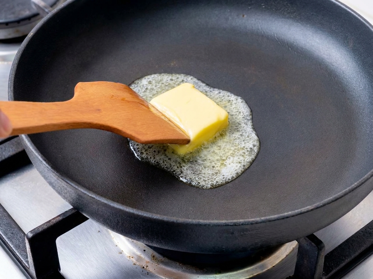 黒いスキレットの中で四角い黄色いバターが溶けて泡立っており、それを木べらで動かしている様子。