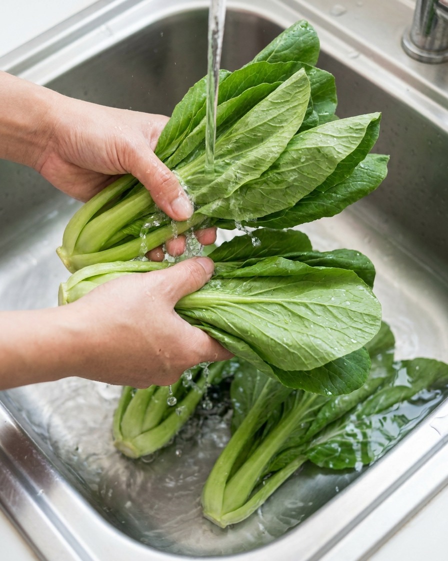 シンクの冷たい流水で、新鮮なみずみずしいパクチョイなどの青菜を両手で丁寧に洗っている様子。
