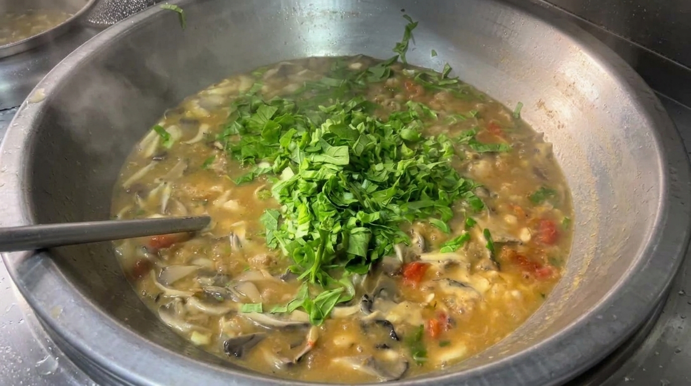 刻みたての青菜をあしらった、湯気が立ち上る大きな鍋いっぱいの野菜とキノコのすいとん風中華スープ。