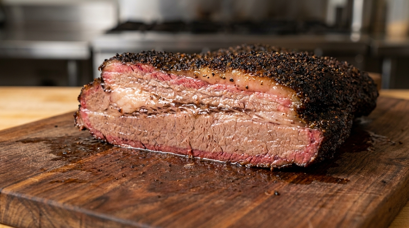厚いペッパーバーク、鮮やかなスモークリング、そして肉汁あふれる霜降りの繊維が美しい、切り立てのスモーク・ビーフ・ブリスケット。