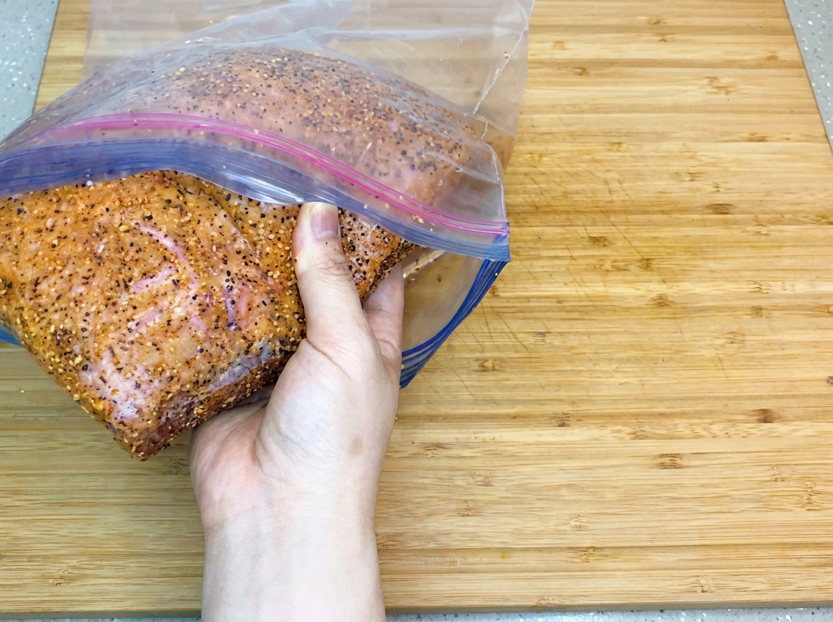 スパイスをしっかり揉み込んだ牛ブリスケットの塊を、木製のまな板の上で透明なジッパー付きプラスチック保存袋に入れている様子。