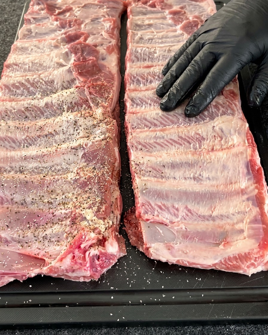 暗い色の作業台の上に置かれたポークリブの骨側に、塩、胡椒、ガーリックの調味料を均一に振りかけている様子。