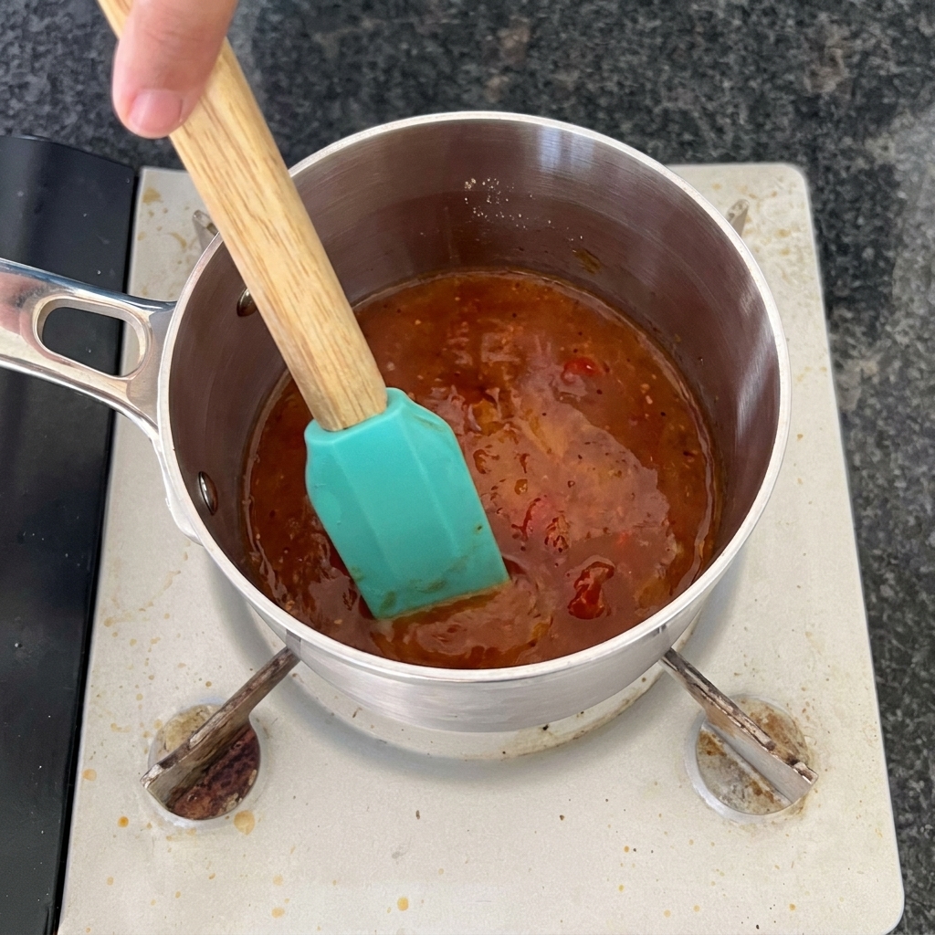 ステンレスの鍋の中でふつふつと波打つ赤茶色のバーベキューモップソースを、ターコイズ色のスパチュラを持った手が混ぜている様子。