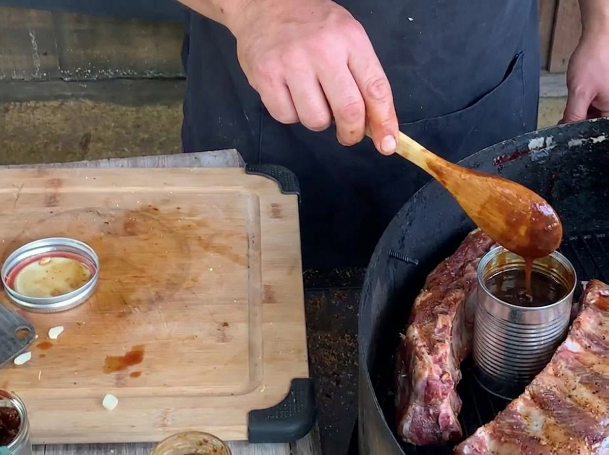 グリルの上のリブカップの中にあるアルミ缶に、木のスプーンを使って濃いブルーベリーBBQソースを注ぎ入れている様子。