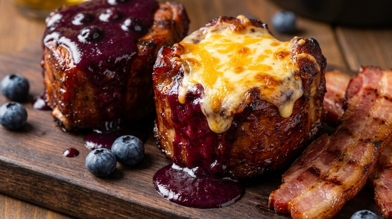 艶やかなブルーベリーBBQソースととろけるチーズがたっぷりかかった2つのリブカップ。こんがり焼けた厚切りベーコンとともに。