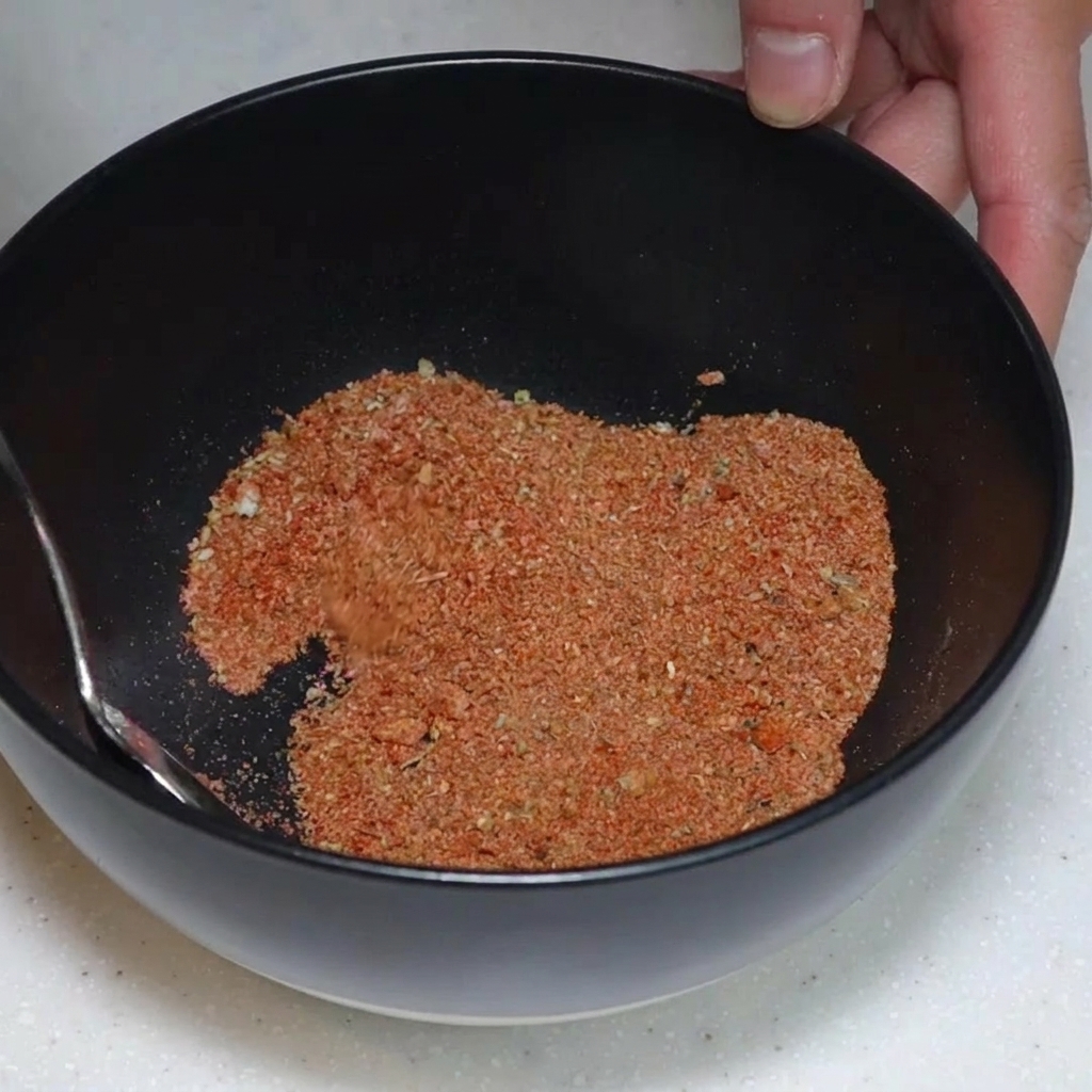 黒いボウルの中で、赤茶色のスパイスをスプーンで混ぜ合わせている手。