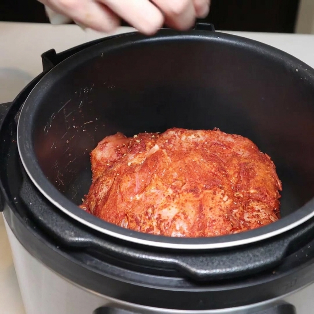 電気圧力鍋の黒い内釜に、スパイスをまぶした大きな豚肩肉が入っている様子。