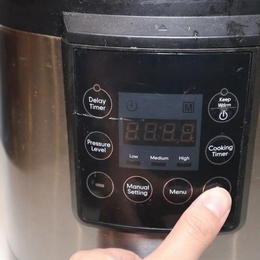 ステンレス製の電気圧力鍋のデジタル操作パネルのボタンを指で押している様子。